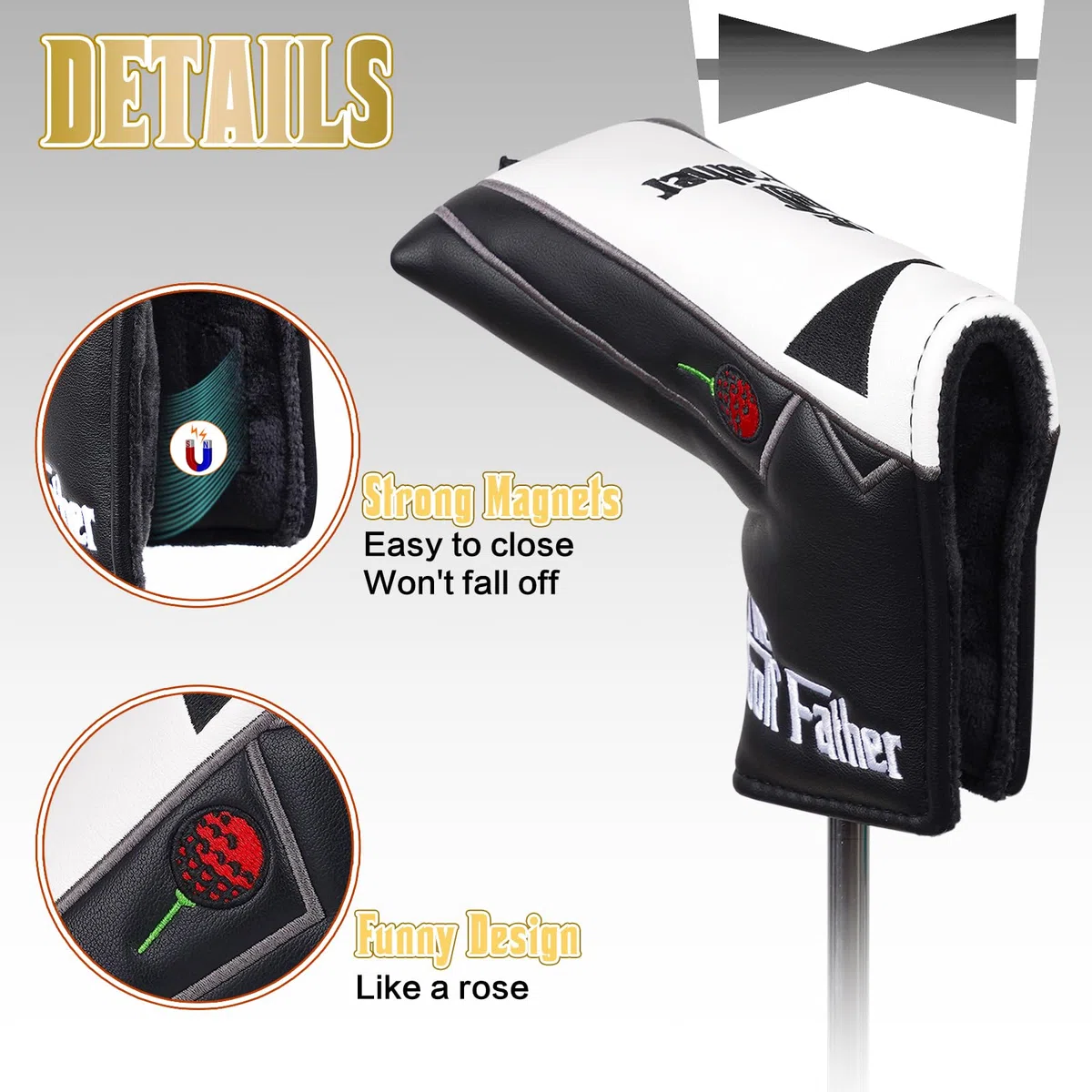 Couvre-clubs de golf en bois pour conducteur/parcours/hybride/1FH/putter/fers à repasser Fermeture élastique Noir et blanc Cuir PU Cadeau