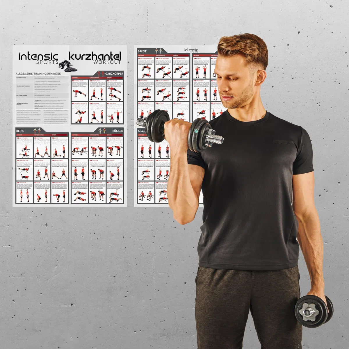 intensic SPORTS Poster d'entraînement avec haltère - 60 exercices de fitness pour l'entraînement aux haltères - Développement musculaire et sport - Motivation pour l'entraînement à la maison - Salle