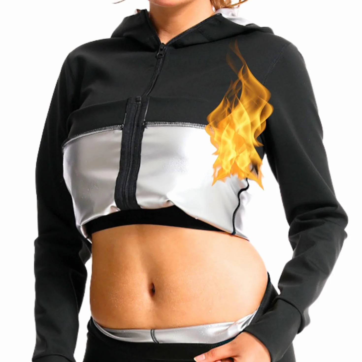 Sudation Veste Top Manches Longues Amincissante Ventre Plat Maigrir Sauna Suit Capuche Shapewear Costume D'entraînement Formateur Shaper Exercice Fitness Gym Yoga Sport Femme