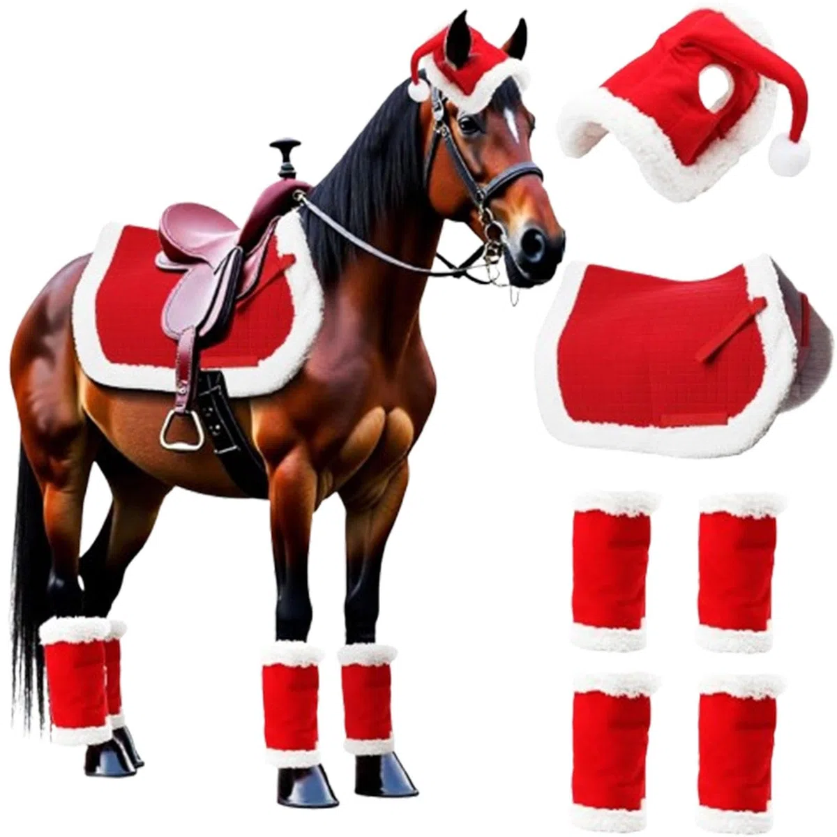 Lot De 6 Tapis De Selle De Noël Avec Fausse Fourrure, Costume De Noël En Peluche Douce, Un Chapeau De Père Noël Pour Chevaux Et Un Tapis De Selle Western Polyvalent Pour Les Fournitures De Noël.