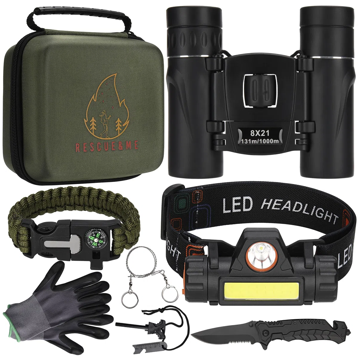 Kit Bivouac-Kit de Survie/Couteau de Survie/Sac de Survie/Urbex équipement/Urbex kit/Camping Accessoires/Randonnée Accessoires/Jumelle/Lampe Frontale Rechargeable.