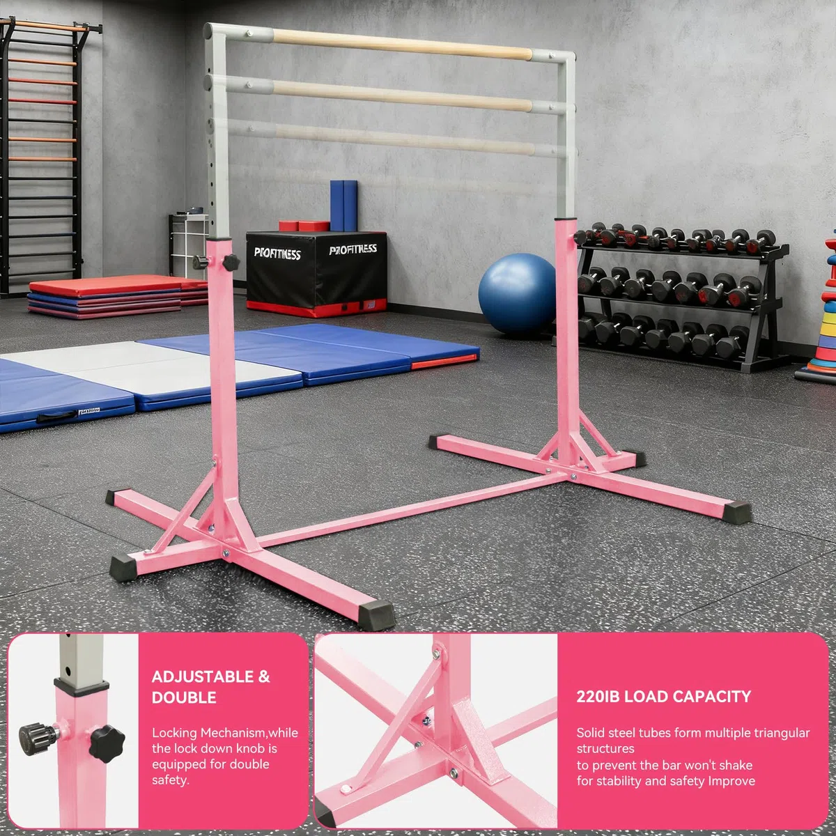 FBSPORT Barre de Gymnastique Enfant Rythmique avec Anneaux de Gymnastique, 13 équipement d'entraînement de Gymnase Gymnastique Bar réglable en Hauteur pour l'intérieur et l'extérieur