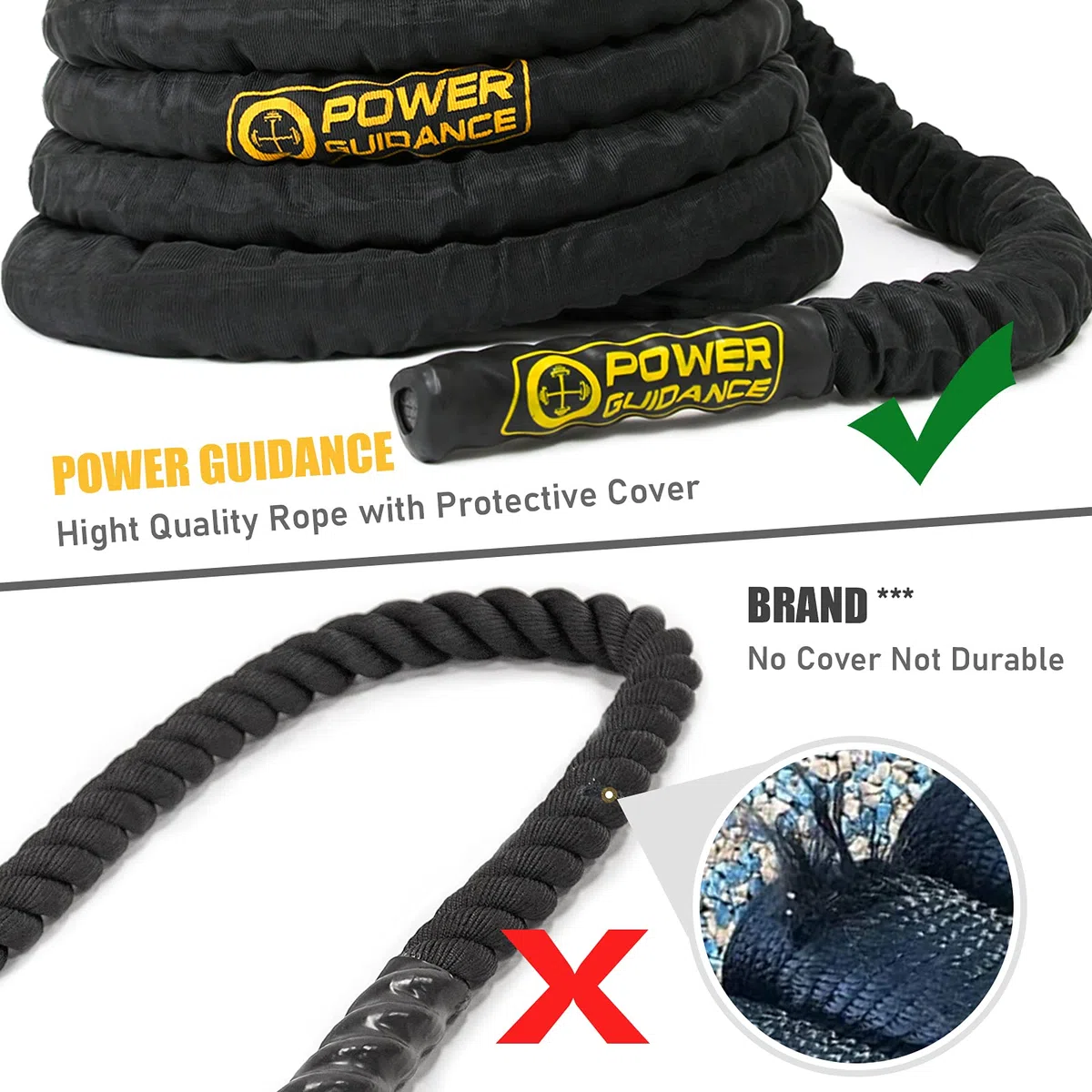 POWER GUIDANCE Corde de bataille Corde d'entrainement Ondulatoire Corde d'exercice Combat Corde de Fitness 38mm/50mm Diamètre 9m/12m/15m Longueur - Battle Rope Anching Included