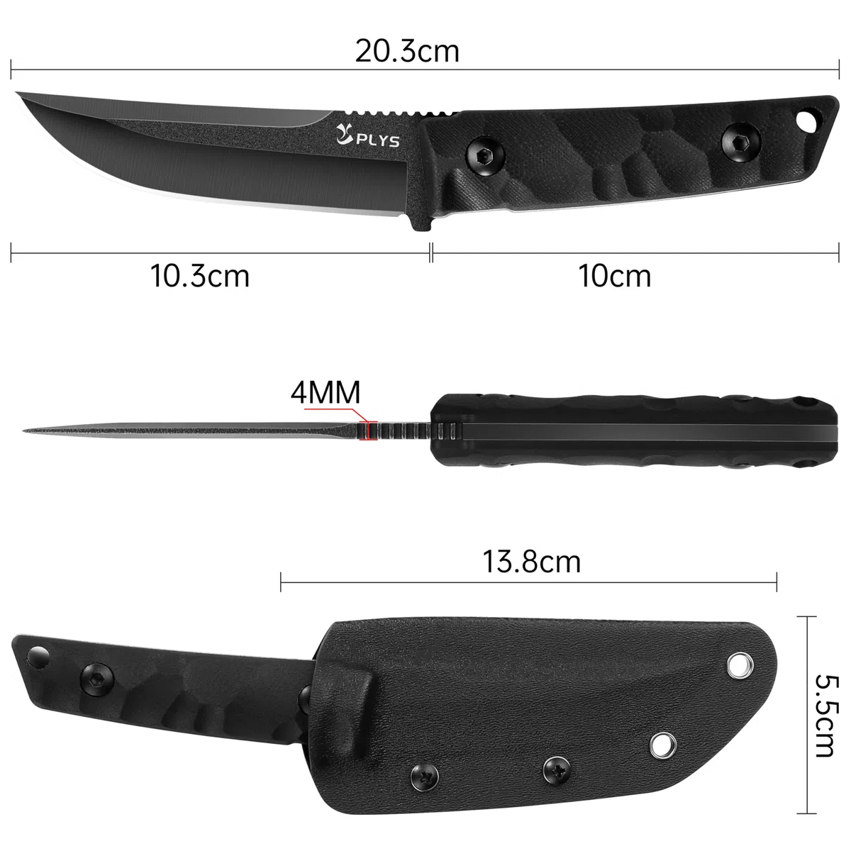 Plys Couteau de Survie D'ExtéRieur Full Tang, Lame 440c de 10,3 Cm, Manche en G10 Avec éTui Kydex, Adapté au Camping, à La RandonnéE, Cadeau Pour Homme
