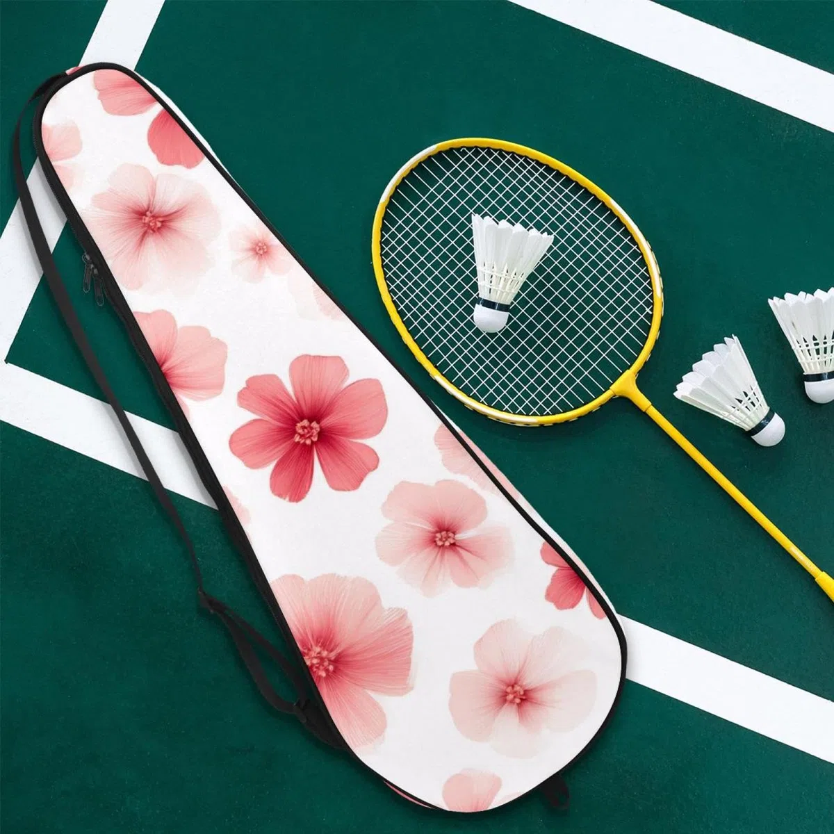 Housse de raquette de badminton légère rembourrée avec bandoulière réglable, motif floral frais