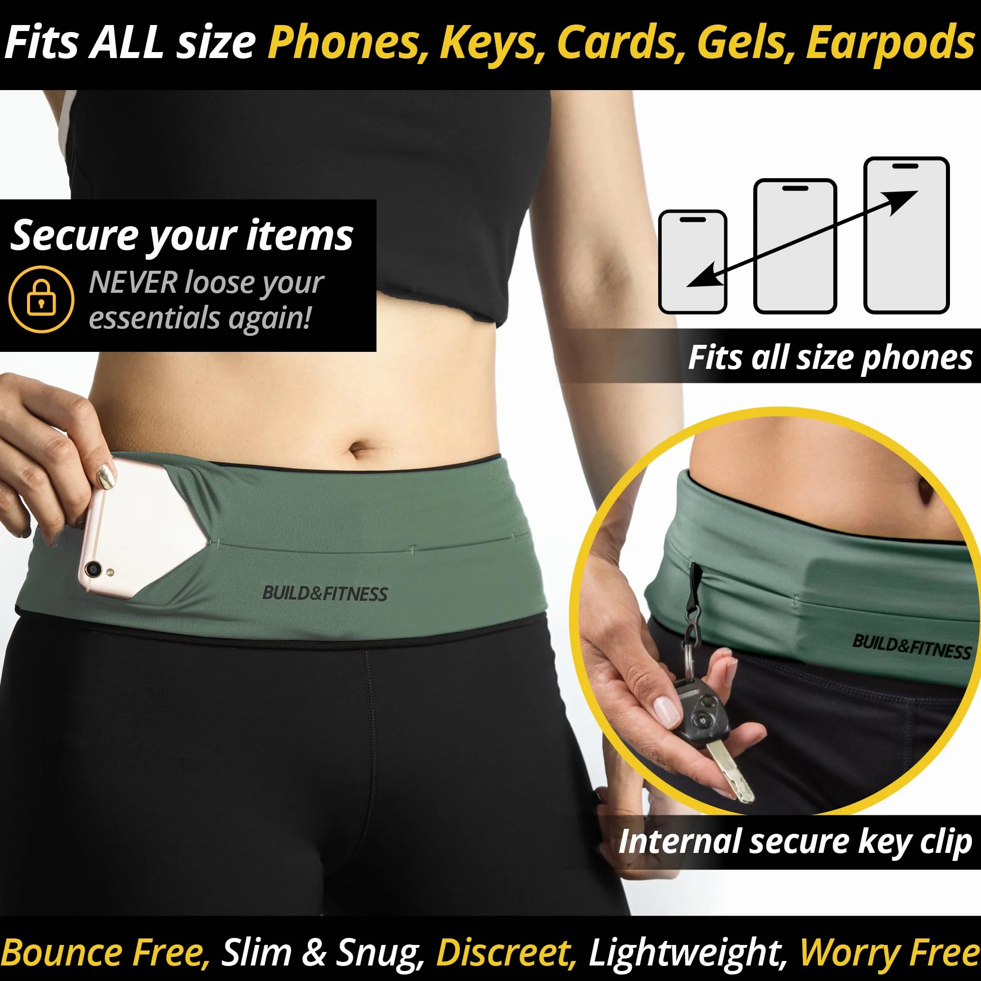 Ceinture de Course Build & Fitness, Poche à la Taille, Porte-clés intégré, Support pour téléphone. pour Hommes et Femmes. Légère, Fine et Confortable ; Compatible avec Tous Les Samsung et iPhones
