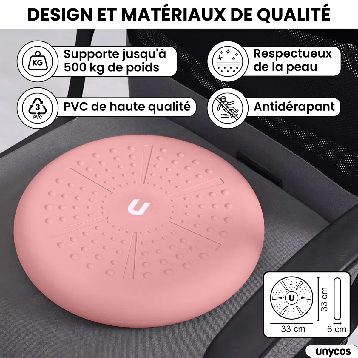 unycos - Coussin Balance d'Équilibre 33 cm, Propioceptif, Coussin Gonflable de Yoga, Entraînement de Base, Dos, Abdomen, Jambes, Fitness, Pilates, Rééducation (PureZen)