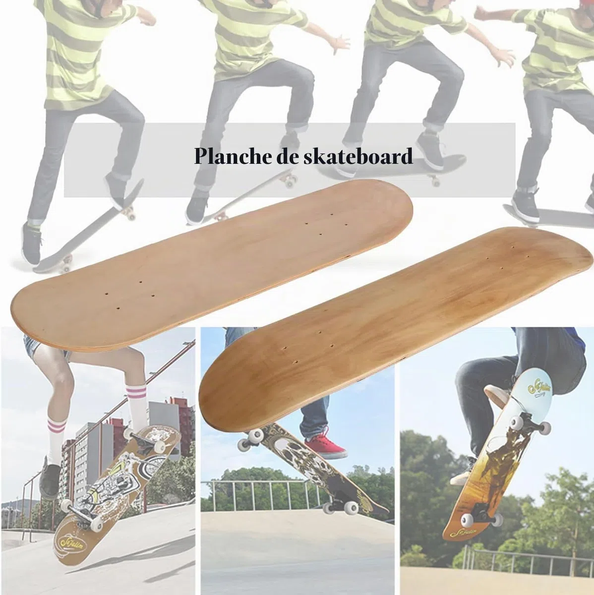 Lot de 2 planches de skateboard vierges en érable 7 couches Planche de skateboard naturelle pour l'art personnel, graffiti, peinture, etc. Skateboard double concave 79 x 20 cm