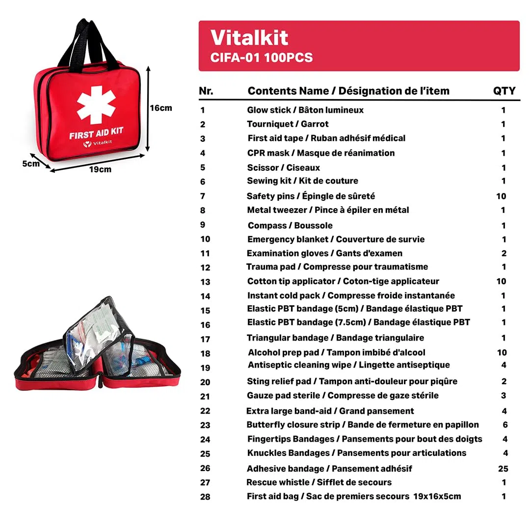 Kit 100 Pièces de Premiers Soins Trousse de secours complète pour la maison, travail, voiture, camping, randonnée - Trousse de Premiers Secours Compacte et Complète dans une Pochette de 19x16x5cm