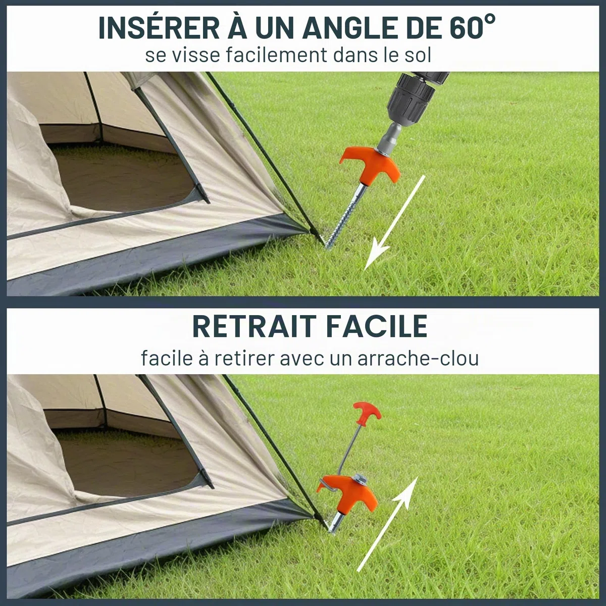 Lot de 20 sardines à visser en acier pour tente de camping - Piquets solides - Avec extracteur de clous et sac pour sol dur, forêt, prairie, rochers