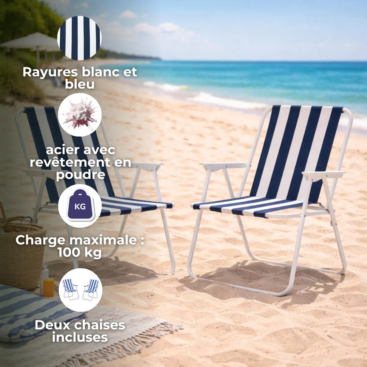 SPRINGOS Lot 2 Chaises de Camping Pliantes avec Accoudoirs – Structure Métal, Charge 100 kg, Ultra-Légères 4,2 kg – Plage Pêche Pique-Nique Jardin – Blanc/Bleu