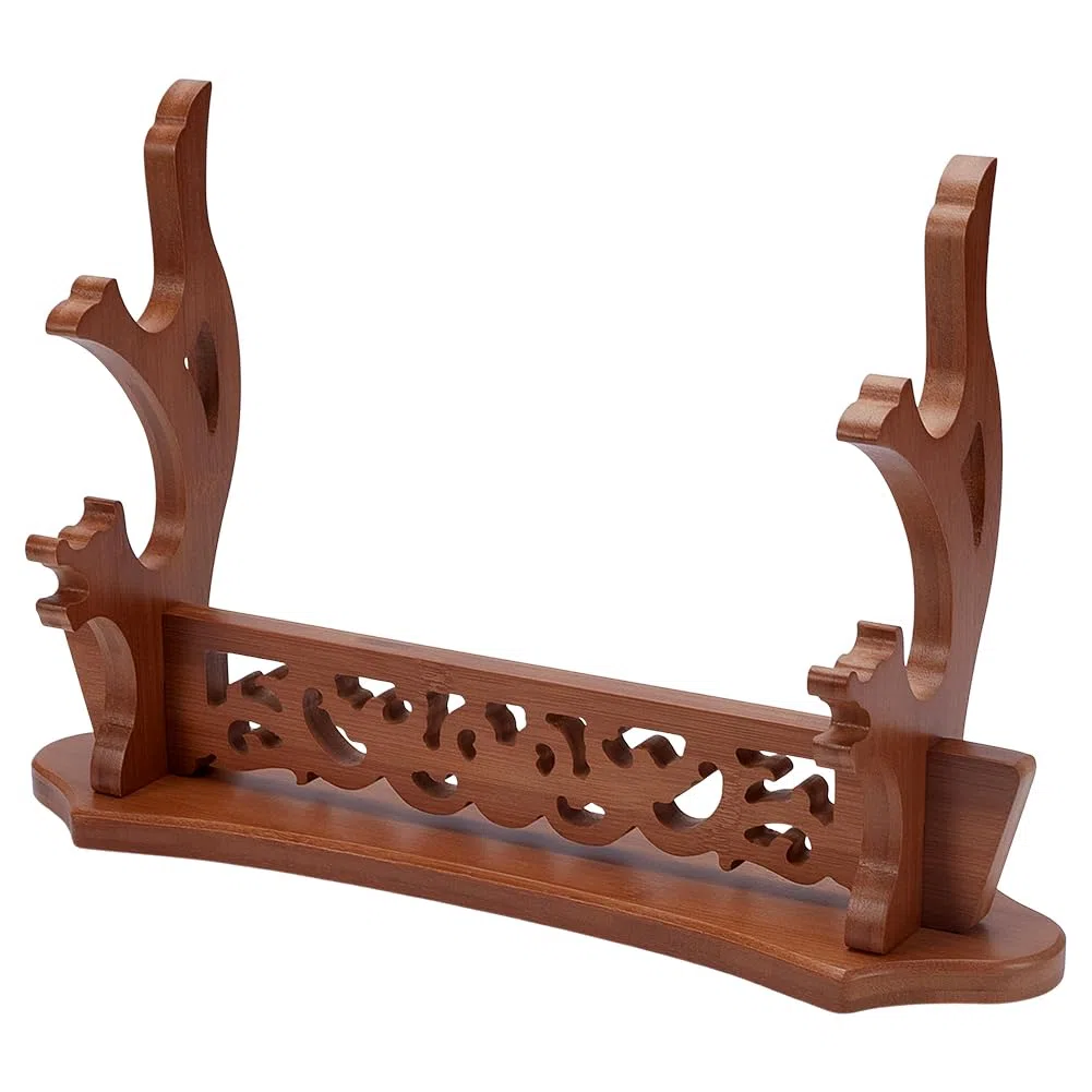 UNICRAFTALE Support à Épées 2 Niveaux Support pour Sabre Lasers Supports pour Katana en Bois MDF Supports d'Affichage Tan Porte Épée Samurai Rack Cosplay Porte Épées pour Canne à Pêche 38.5x10x23.5cm