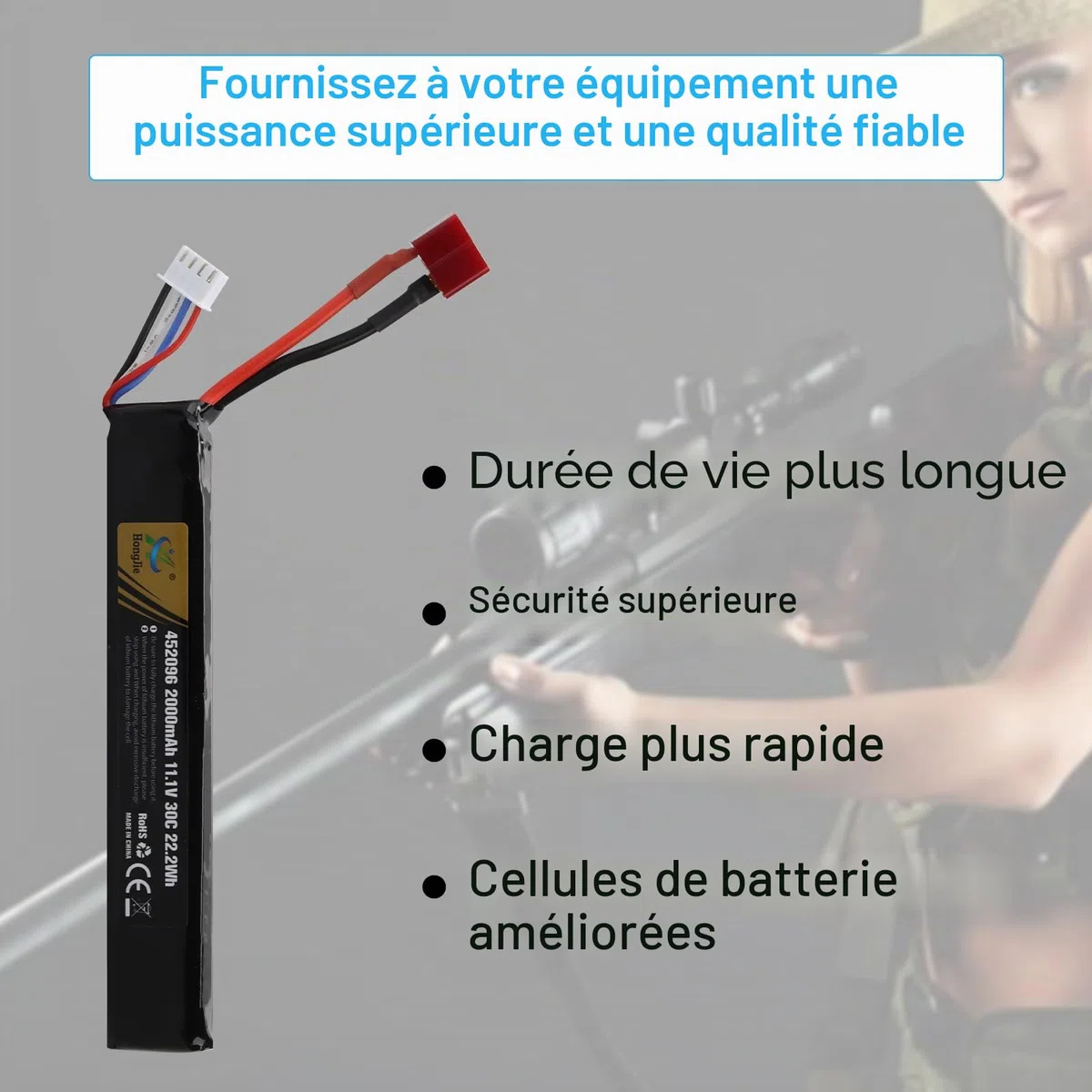 11.1V 2000mAh 22.2Wh Batterie LiPo Rechargeable 3S 30C, bâton de Batterie Compatible avec Le connecteur Deans T pour Fusil Airsoft Airgun Guns Model