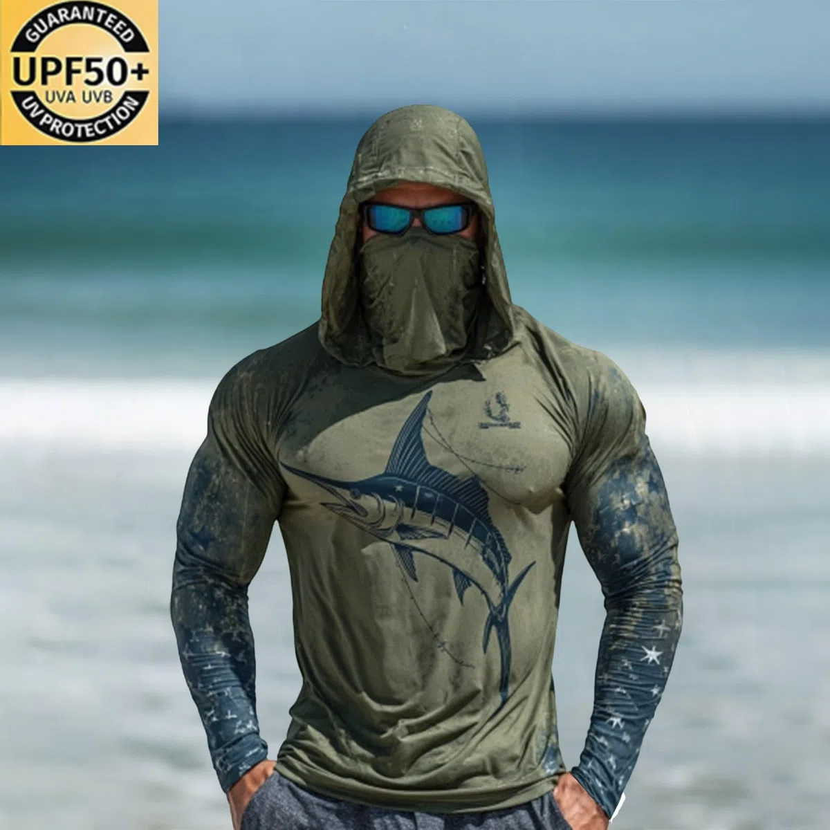 T-Shirt Anti UV Homme Respirant Chemise De Soleil De Protection Solaire Upf50+ Décontractée Tee Shirt Léger Grande Taille avec Masque Haut De Sport Manche Longue Tshirt pour Pêche Randonnée