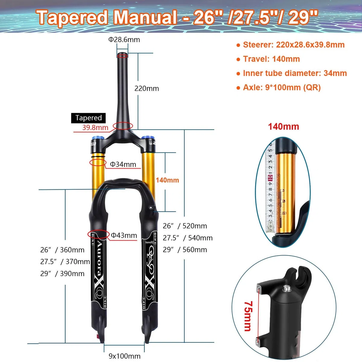 AuroraXQ Fourche Avant de VTT 26/27,5/29 Pouces, Droite/Conique Freins à Disque Alliage de Magnésium Voyage 140mm QR 9mm Fourche Vélo Suspension