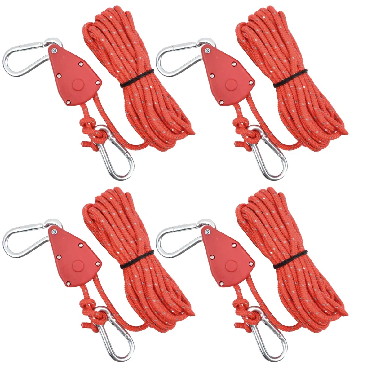 4 PCS Corde de Tente Réfléchissante, 6mm Cordon de Camping avec Poulie, Corde à Cliquet avec Crochet, Corde Nylon Escalade 5M, Tendeur de Corde a Linge Exterieur pour Randonnée, Auvent