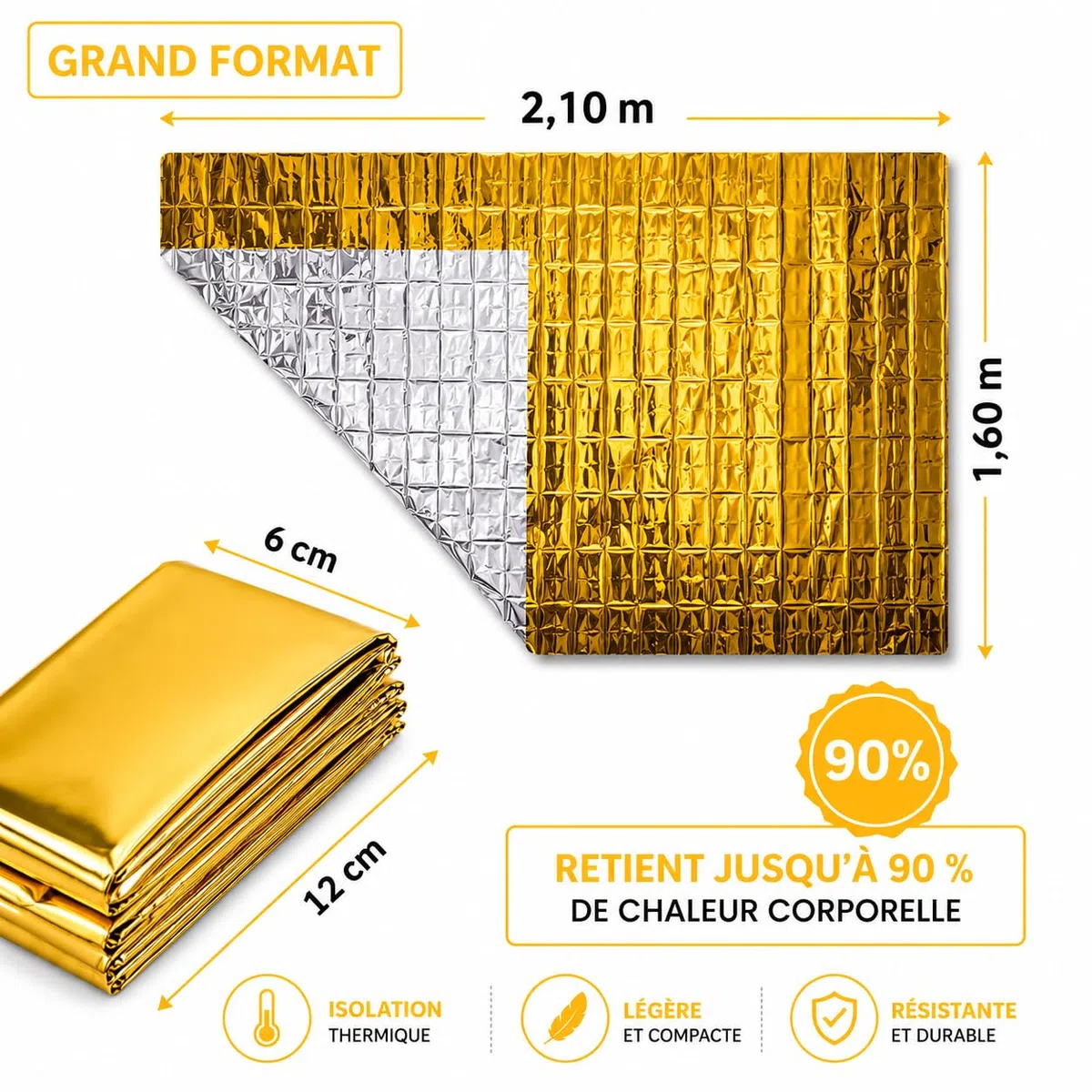 Lot de 3 Couvertures de Survie Isothermiques Made in France – Or/Argent – 210 x 160 cm – Protection Froid et Chaleur – Randonnée, Secours, Trail, Camping, Urgence