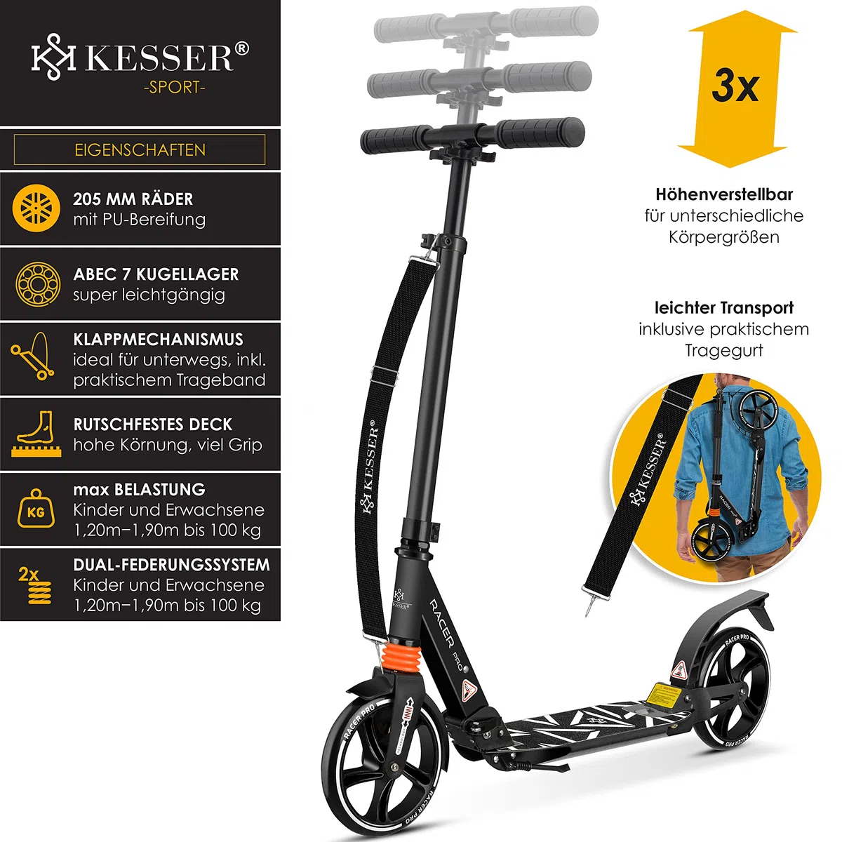 KESSER® Cityroller - Trottinette avec grosses roues en polyuréthane de 205 mm PRO-S, double suspension, pliable et réglable en hauteur, convient en ville, pour adultes et enfants
