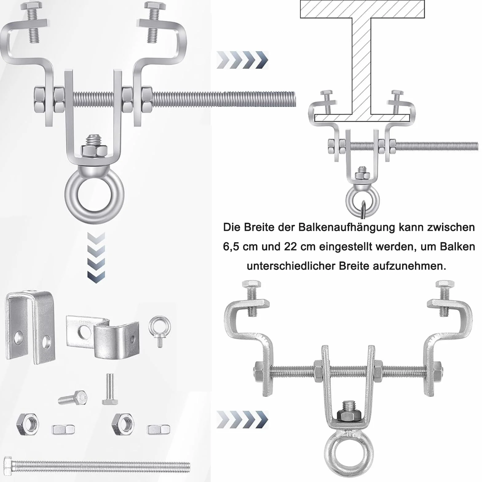 Support de Pince I Beam, I Beam Accrocheur de Poutre en Acier, Cintre de Sac de Frappe en Acier, Pince de Support en Acier Robuste, Réglable de 6,5-22cm, Résiste à 204 kg de Gravité