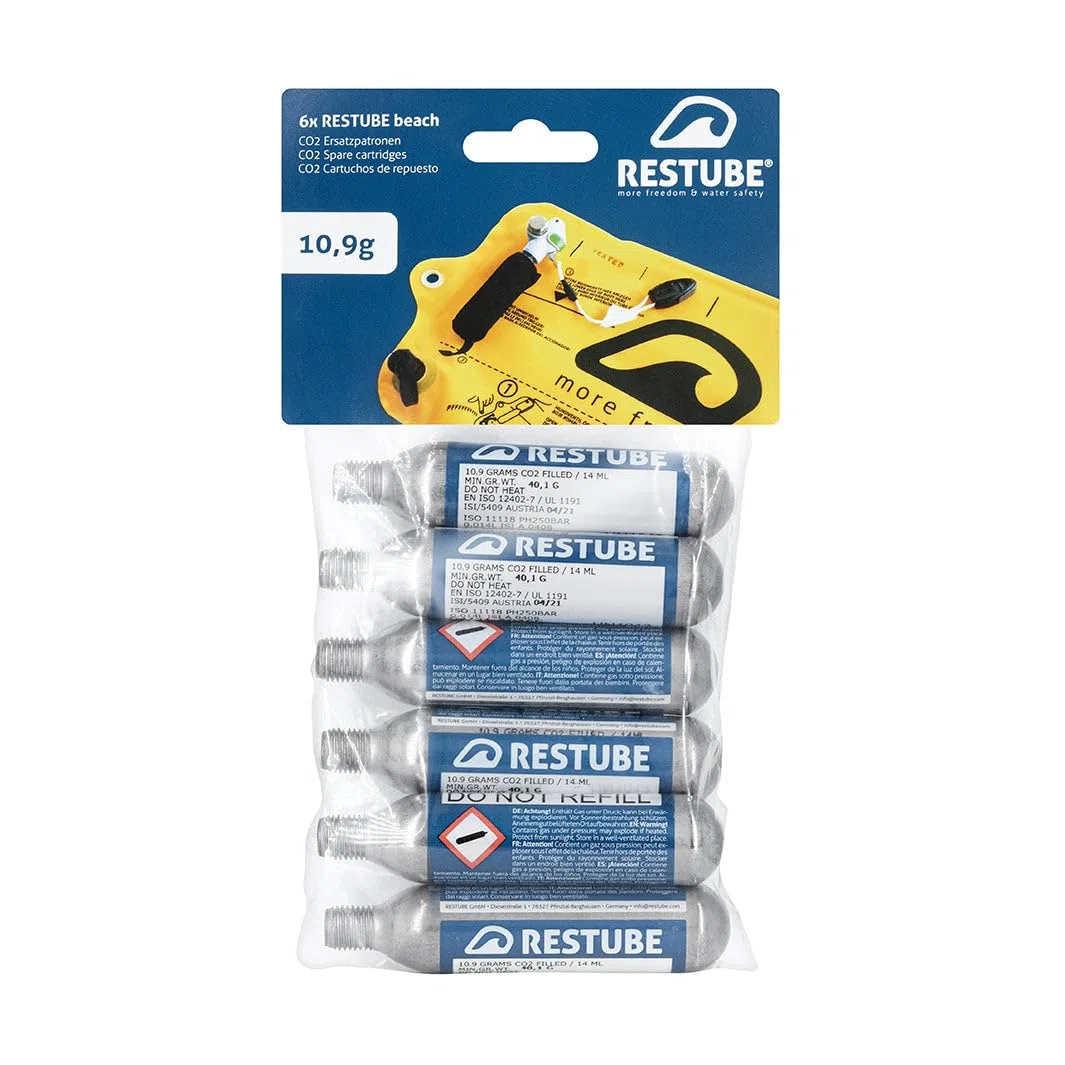 Restube Beach Cartouches de CO2 de Rechange pour Bouée de Sauvetage Gonflable - Lot de 6 Capsules à Air Comprimé de 10.9g pour Aide Flottante Natation