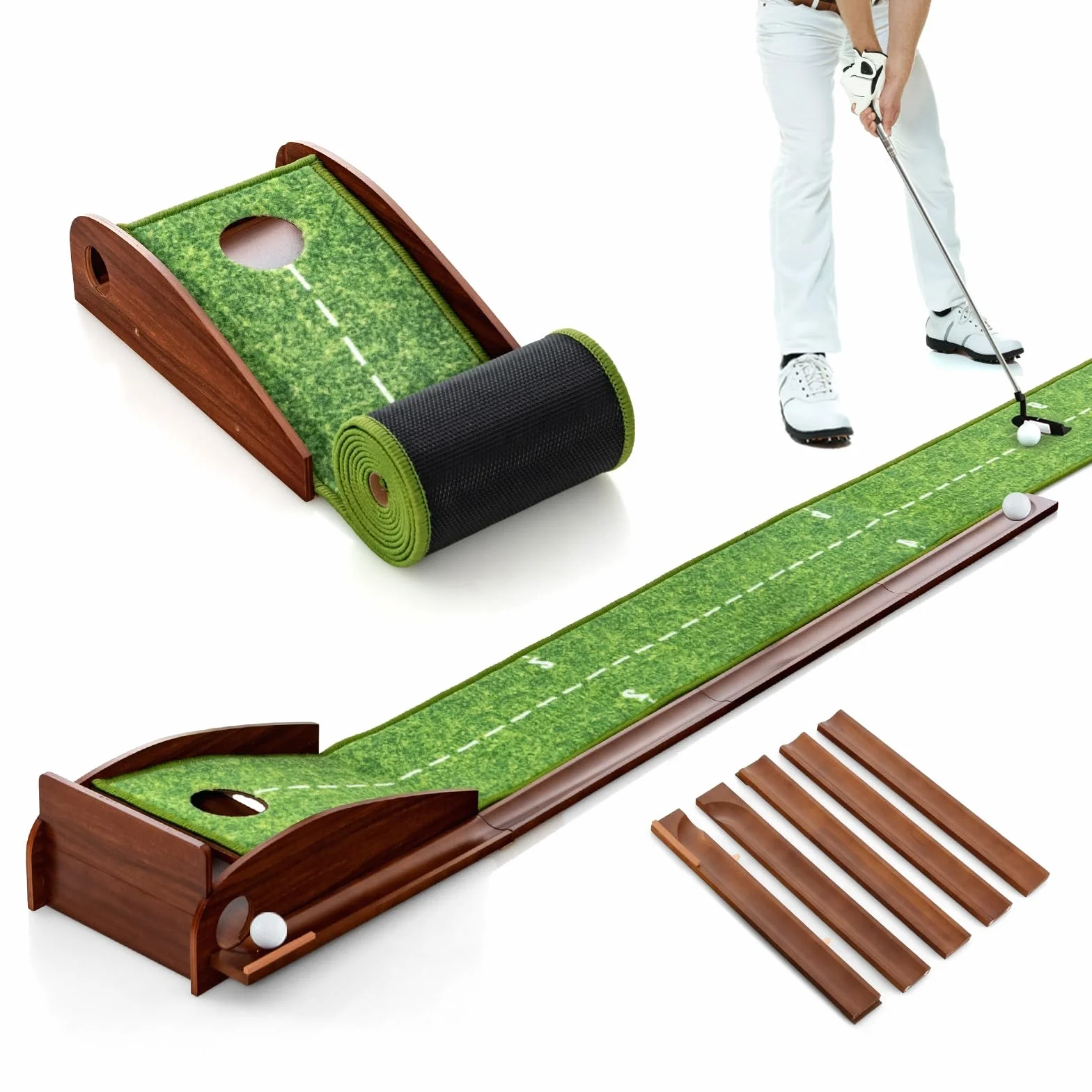 LIFEZEAL Tapis de Putting de Golf avec 1/2/3 Trous et Retour Automatique, Tapis d'Entraînement de Golf avec Boche, Enroulable et Portable, 3 Balons de Golf, Intérieur et Extérieur