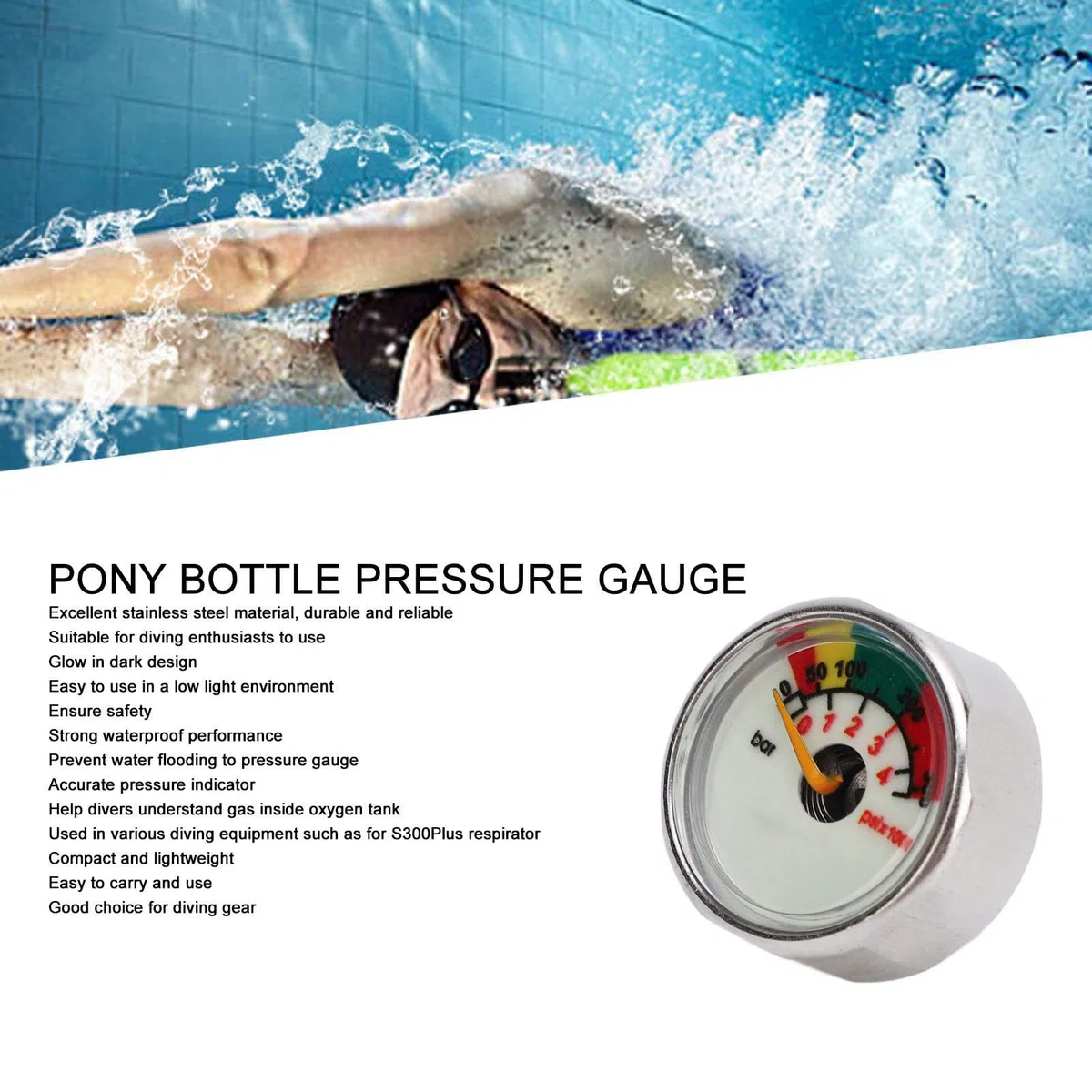 Manomètre de Bouteille de Gaz de Plongée en Acier Inoxydable, Manomètre de Bouteille de Poney pour la Plongée, Brille dans le Noir, étanche à 30 M, Affichage Précis de la