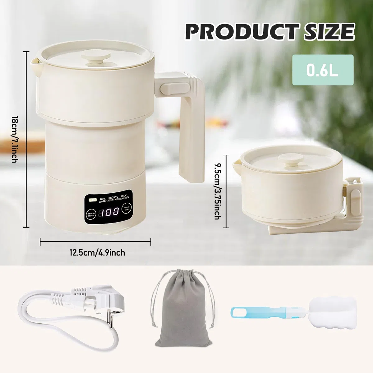 Bouilloire de Voyage Pliable 600ml, Bouilloire Portable, Mini Bouilloire Électrique avec 9 Niveaux de Température, en Acier Inoxydable et Silicone, Silencieuse et Sûre pour les Voyages et le Bureau
