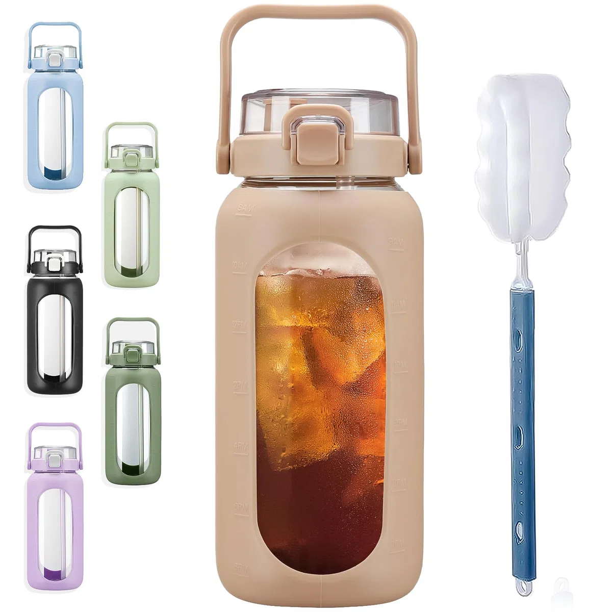 BLUEGO 2L Gourd en verre Avec paille Marqueur de temps Bouteille d'eau Motivation avec manchon en silicone 2 litres Grande carafe d'eau en Verre pour Gym, sports et entraînement, Ambre