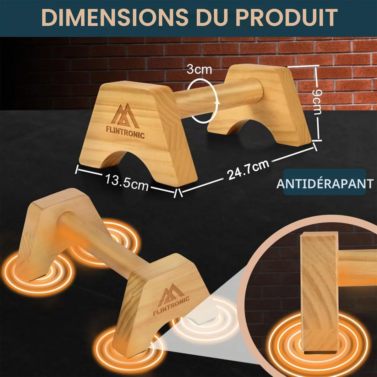 Flintronic Poignées de Pompe Bois, Parallettes en Bois, Barres Parallèles Antidérapantes, Push Up Bar pour intérieur et extérieur, pour la Calisthenics, Gymnastique, Fitness, Musculation