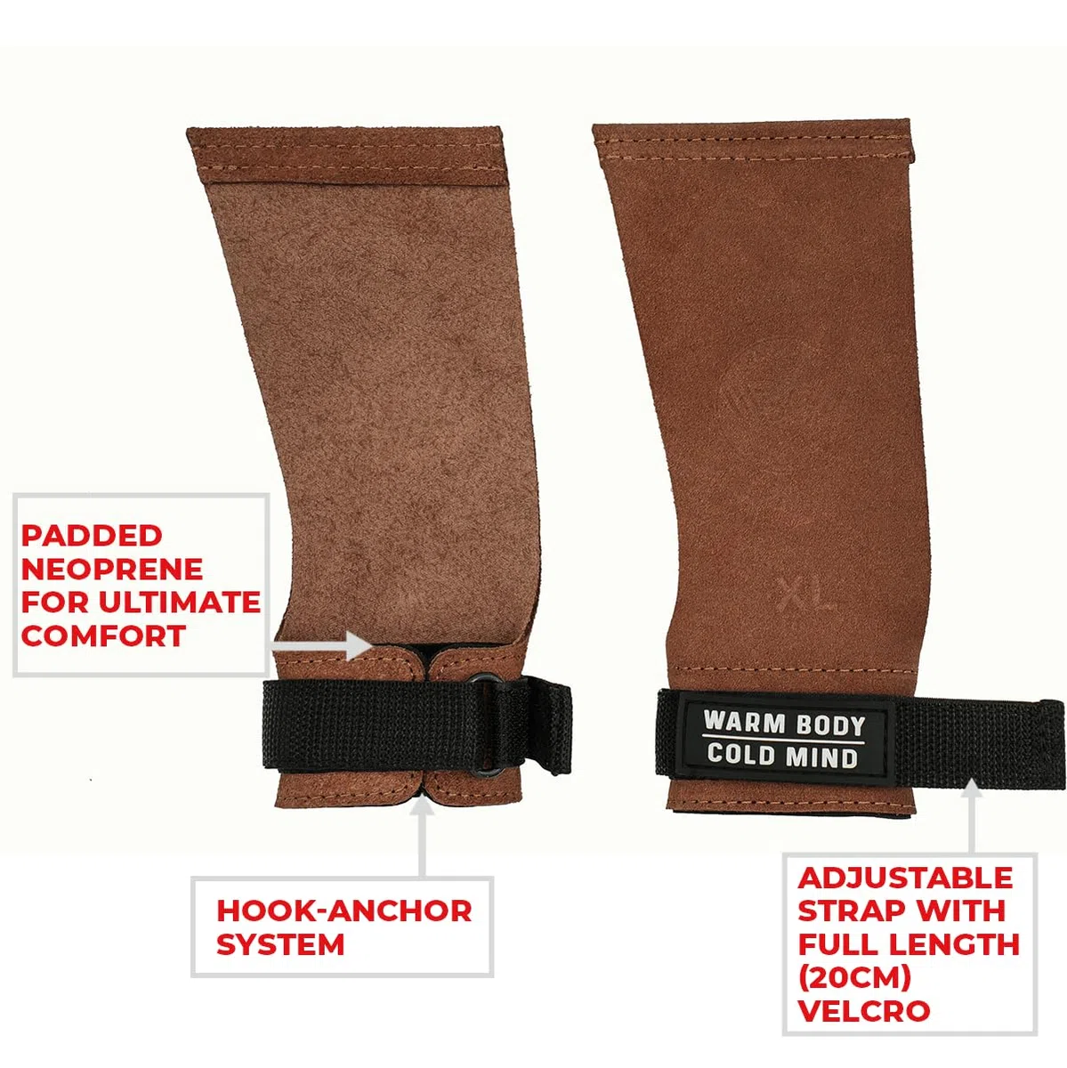 WARM BODY COLD MIND Poignées en cuir sans trous avec soutien de poignet pour haltérophilie, powerlifting, gymnastique, cross-training, tractions, musculation, protection des paumes