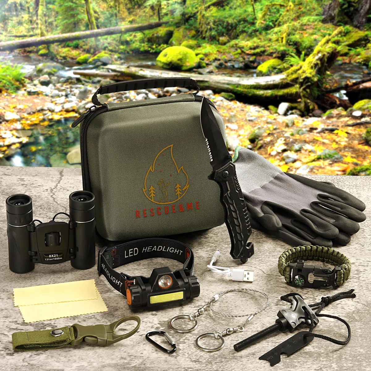 Kit Bivouac-Kit de Survie/Couteau de Survie/Sac de Survie/Urbex équipement/Urbex kit/Camping Accessoires/Randonnée Accessoires/Jumelle/Lampe Frontale Rechargeable.
