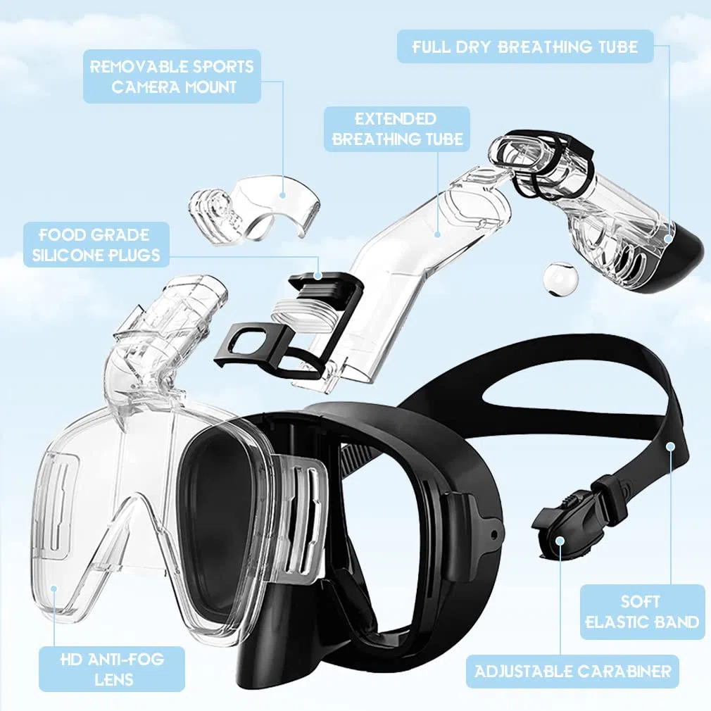 Dry Snorkel Kit Tempered Glass Swim and Dive Goggles Lunettes de Natation et de Plongée 180° Anti-Fog Goggles Free Breathing Goggles Lunettes de Respiration Libre