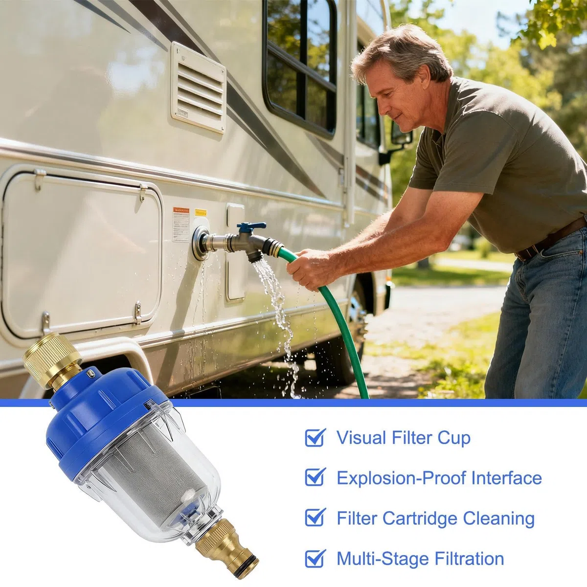Filtre à eau pour camping-car, purificateur de robinet compact – Accessoire modifié pour réservoir d'eau | Pour remorque de voyage, caravane, jardin, cour, balcon, terrasse, pelouse
