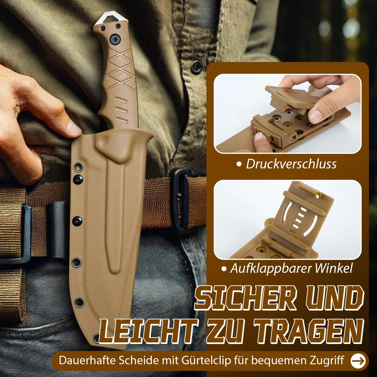 Purple Dragon Couteau de Plein Air (avec Gaine Kydex) - Lame Tanto Fixe Monobloc en Acier D2 - Couteau de Survie avec Manche G10 pour Camping, Cadeau pour Homme, Kaki