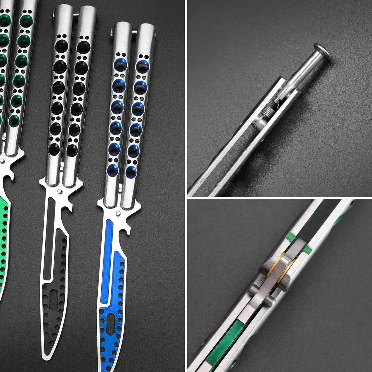 MARCOLO Entraîneur de papillons d'entraînement complet en acier inoxydable terne Balisong Trainer Peigne d'entraînement papillon non affûté pour CS GO Outil multifonctionnel avec clé hexagonale Bleu