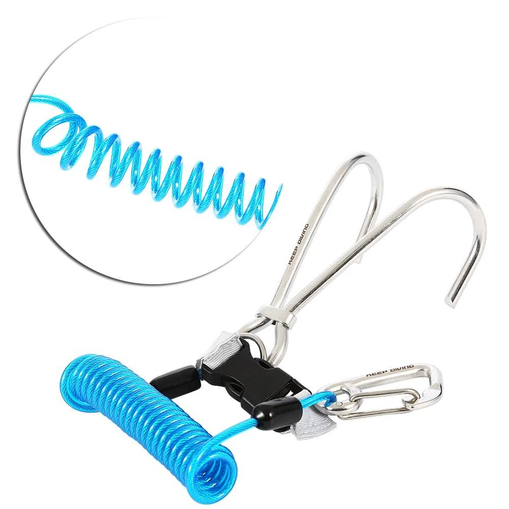 Crochet de plongée double en acier inoxydable avec cordon en spirale et boucle à dégagement rapide
