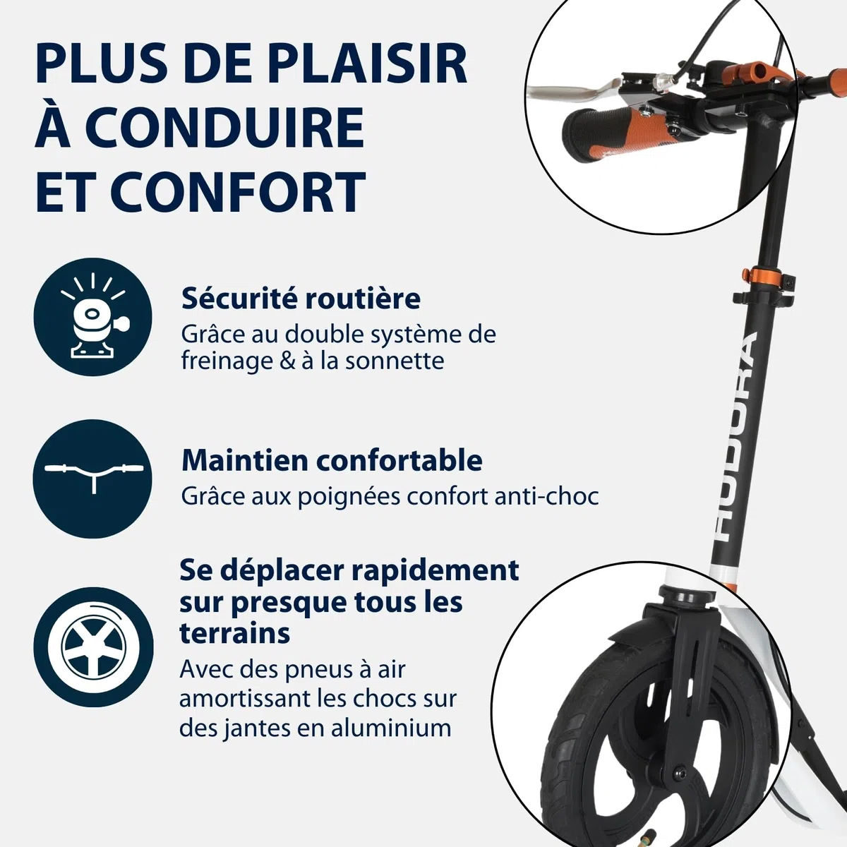 HUDORA BigWheel Air 230 Scooter - Trottinette avec/sans Frein - Trottinette Stable en Aluminium à pneus gonflables - Réglable en Hauteur - Supporte Une Charge maximale de 120kg