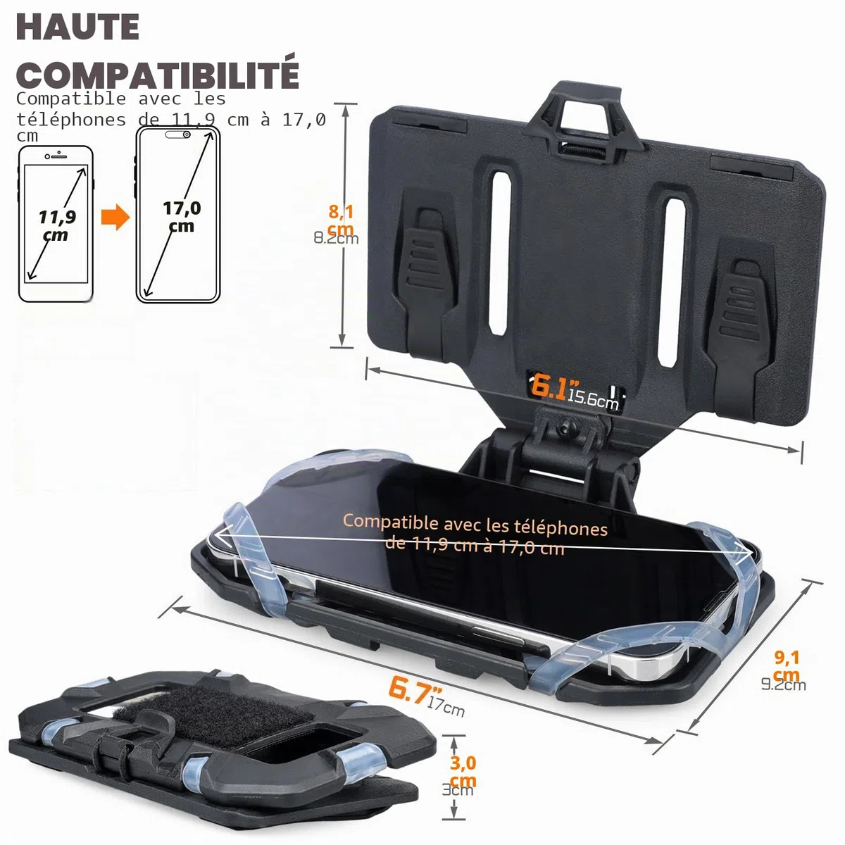 WYNEX Support de Téléphone pour Gilet Tactique Fixation Universelle pour Téléphone Portable Plate-Forme de Navigation Pliable pour Téléphone D’écran 4.7-6.7"