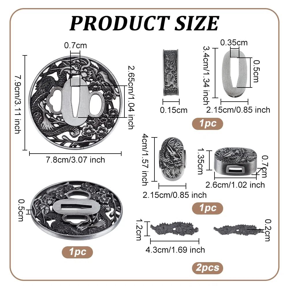 OLYCRAFT Ensemble de Tsubas pour Sabres de Samouraï Protège Mains pour Sabres Japonais Accessoires de Restauration Cosplay Entraînement Argent Antique
