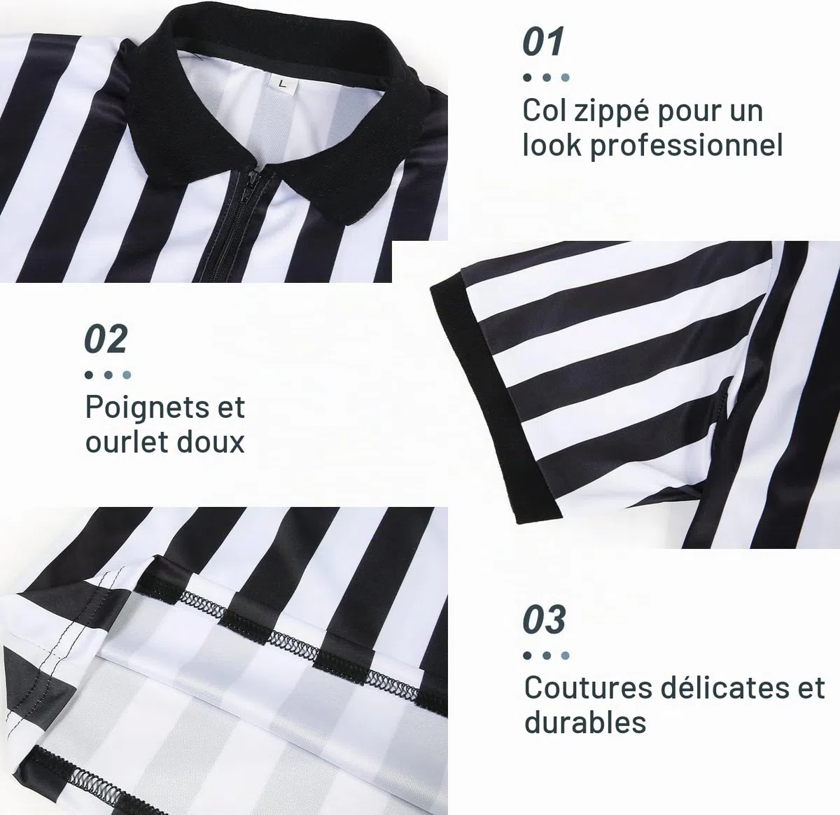 Maillot d'arbitre officiel officiel pour homme - Rayures noires et blanches - Col retourné - Pour basket-ball, football