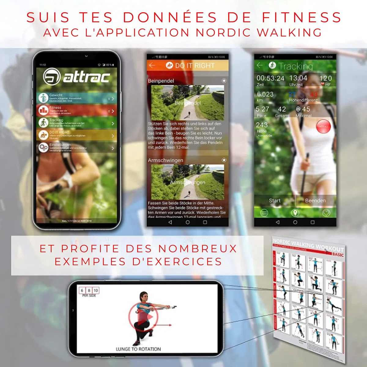 ATTRAC Bâtons de marche nordique en aluminium avec entraînement et sangles de poignet I Bâtons de marche avec système Click & Go I Gratuit – Application de marche nordique / fitness