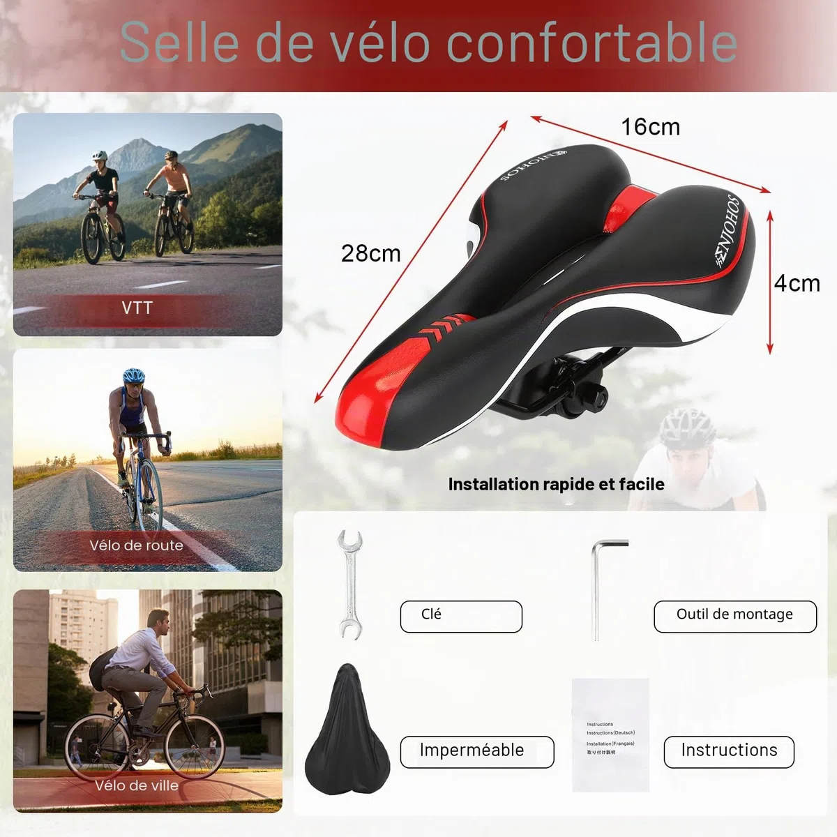ENJOHOS Selle de Vélo VTT Ergonomique, Respirant Creux Selle VTT Confort Homme Femme Étanche PU, Selles de Velo Ultra Confortable pour Vélo de Montagne/Route/Loisir/Pliant/Gravel