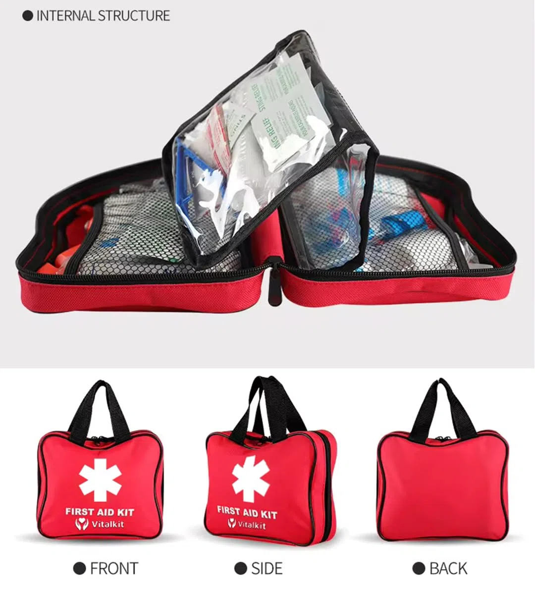 Kit 100 Pièces de Premiers Soins Trousse de secours complète pour la maison, travail, voiture, camping, randonnée - Trousse de Premiers Secours Compacte et Complète dans une Pochette de 19x16x5cm