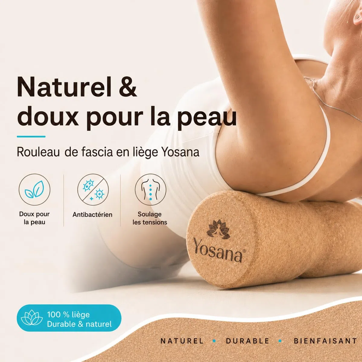 Rouleau de fascia en liège | Rouleau de dos dur pour le massage du dos et l'entraînement du fascia | Rouleau de liège durable | 30x10cm
