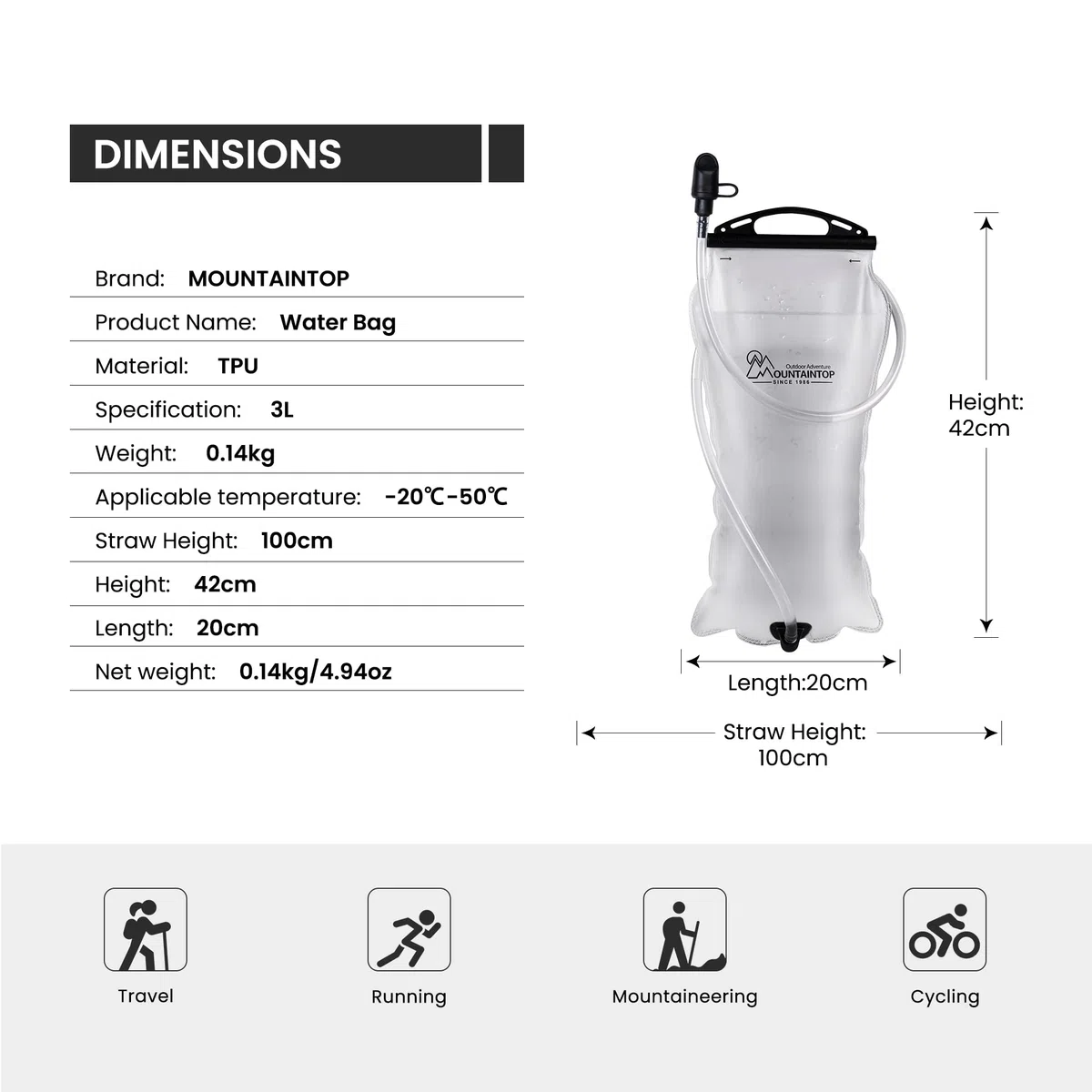 MOUNTAINTOP Poche Hydratation 3L Reservoir Poche d'eau de Sport Reservoir pour la randonnée, vélo, la randonnée et Le Camping
