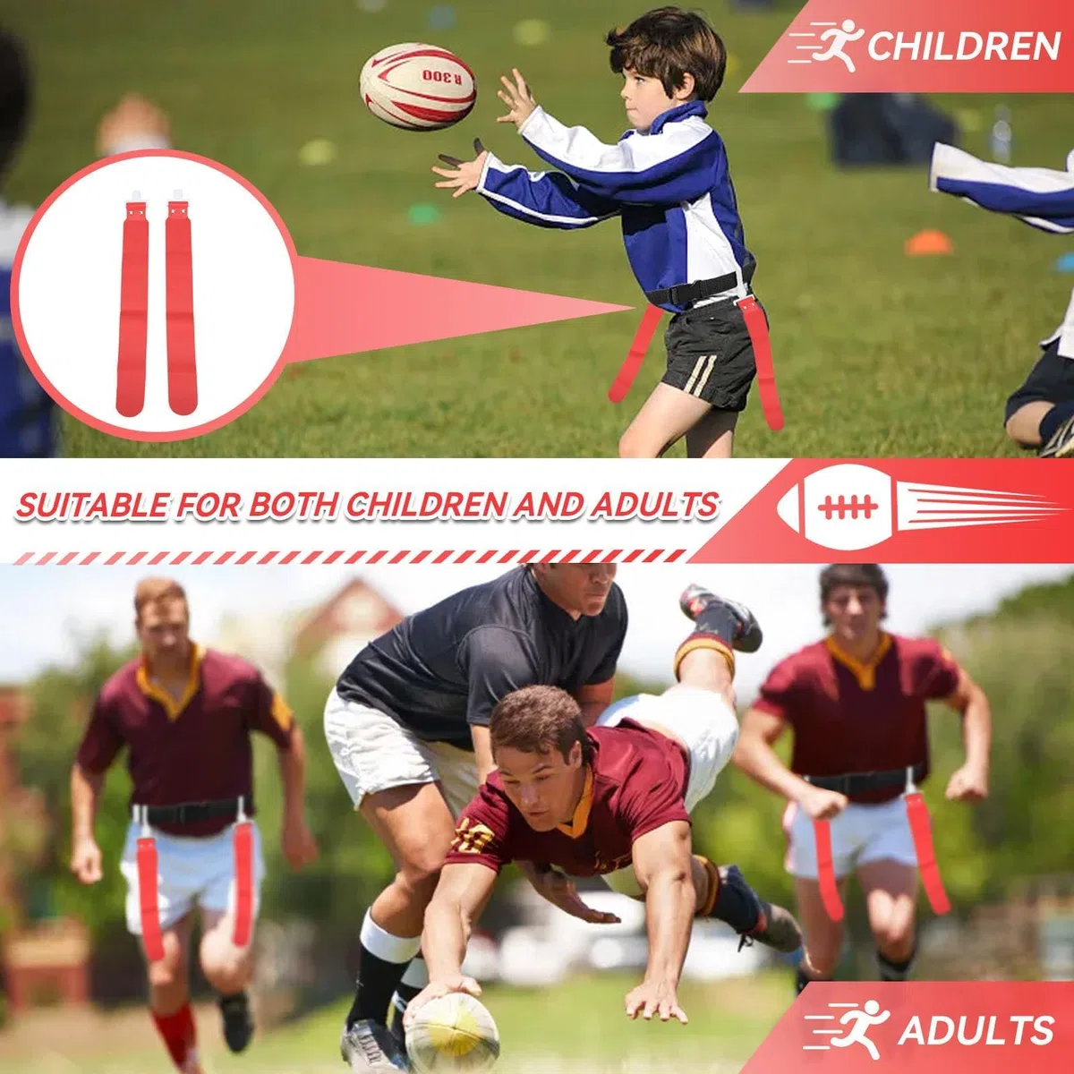 HERCHR 10Pcs Drapeau De Taille, Kit de Jeux de Football Avec Drapeau Réglable 5Pcs Ceintures de Football Drapeau de Taille de Jeu Sport de Course pour Formation des Jeunes et Adultes