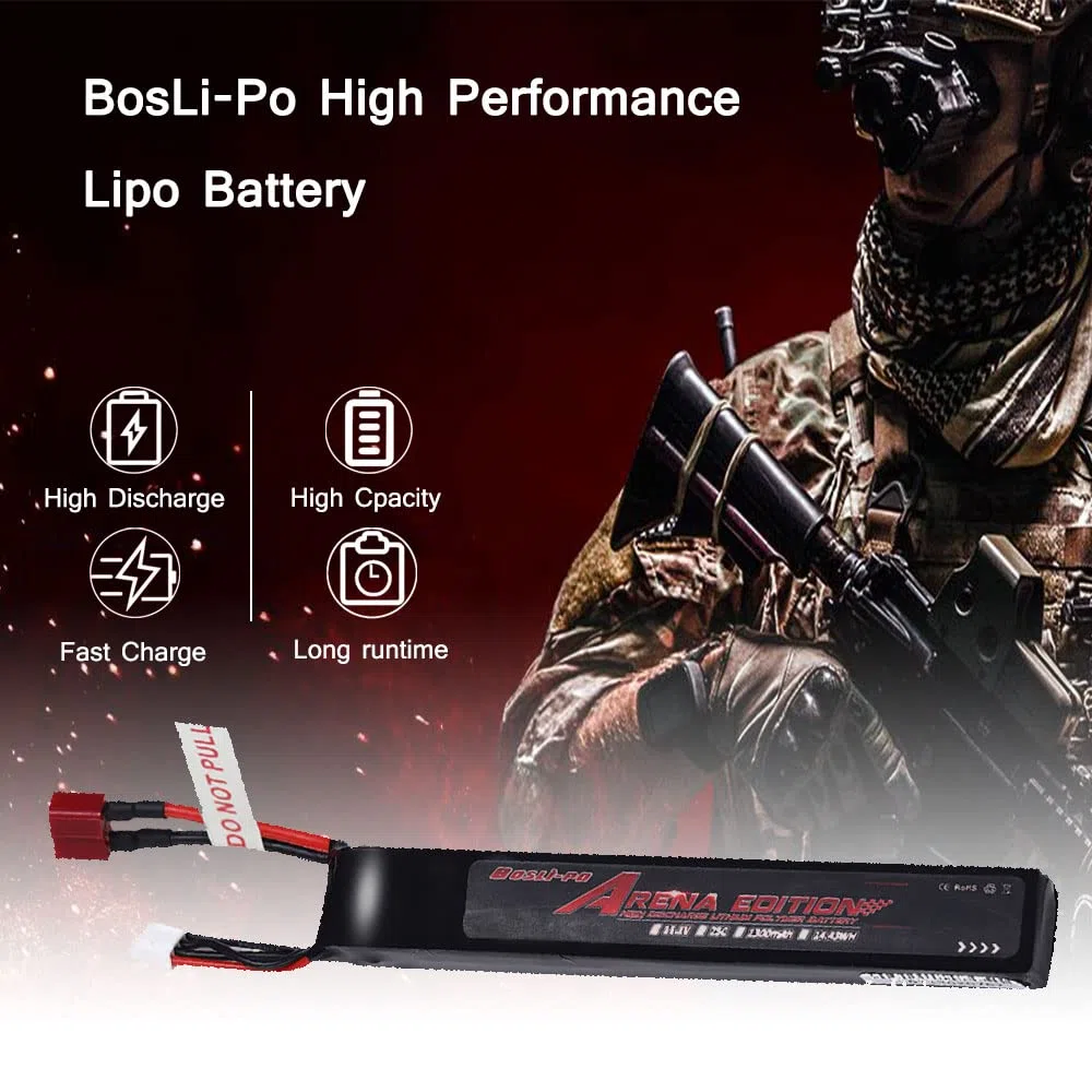 Bos-Lipo Airsoft Batterie Lipo 11.1V 1300mAh 25C 3S Batterie au Lithium pour Airsoft G36C, CAR15, MP5A5, M249, MC51, FNP90, G3A4 Airsoft(T connecteur)