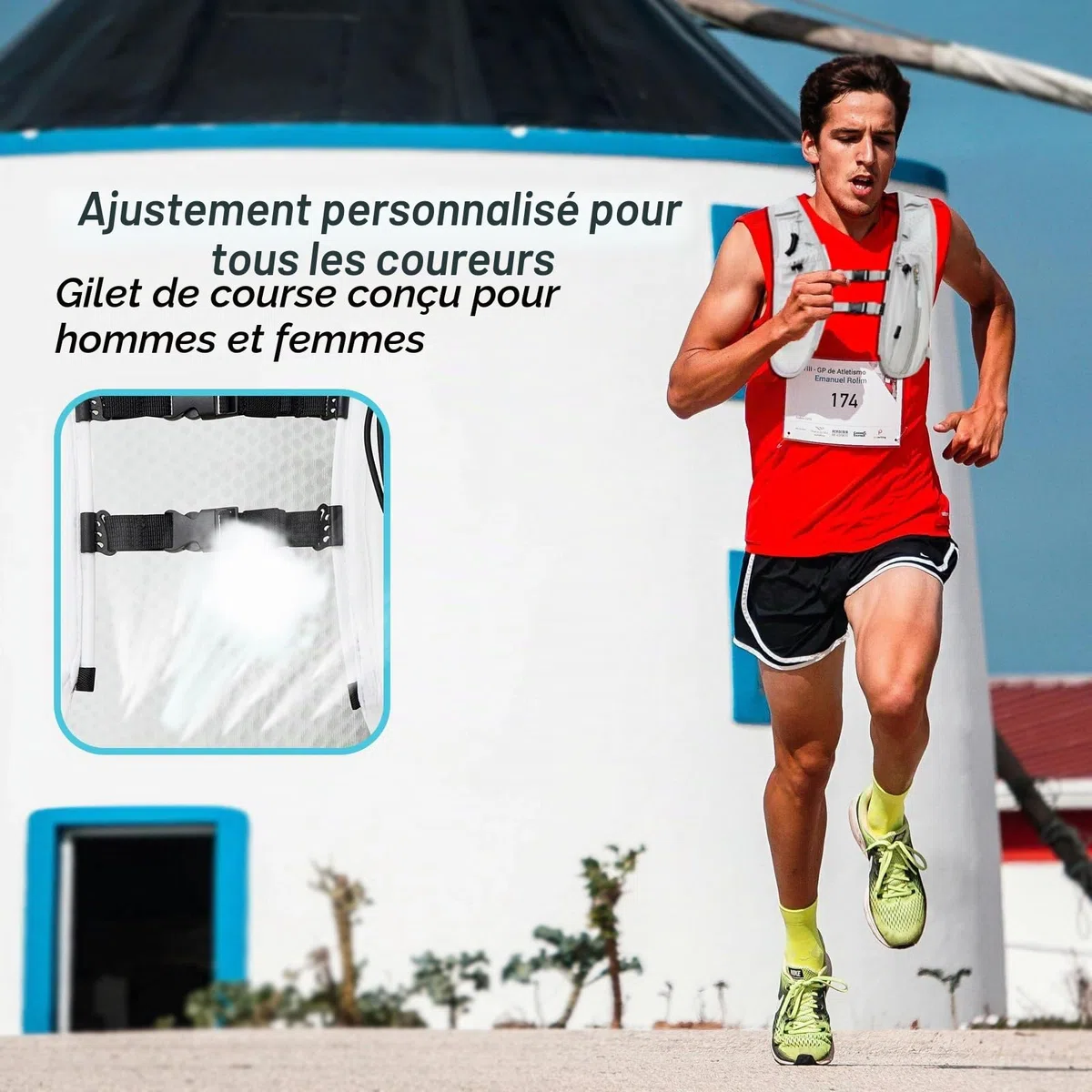 G220 Gilet de course pour homme et femme, sac à dos d'hydratation réglable, respirant et réfléchissant avec poche d'eau de 1,5 l pour randonnée, sentier, course à pied, marathon, cyclisme