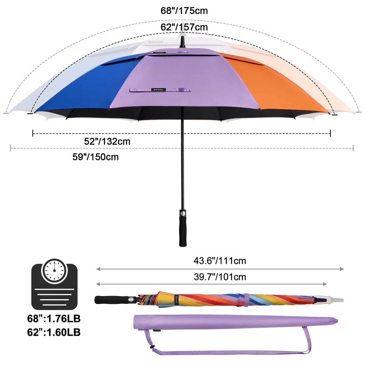 G4Free Parapluie de golf de 172,7 cm, protection UV, ouverture automatique, double toile surdimensionnée, coupe-vent, soleil, pluie, arc-en-ciel/noir