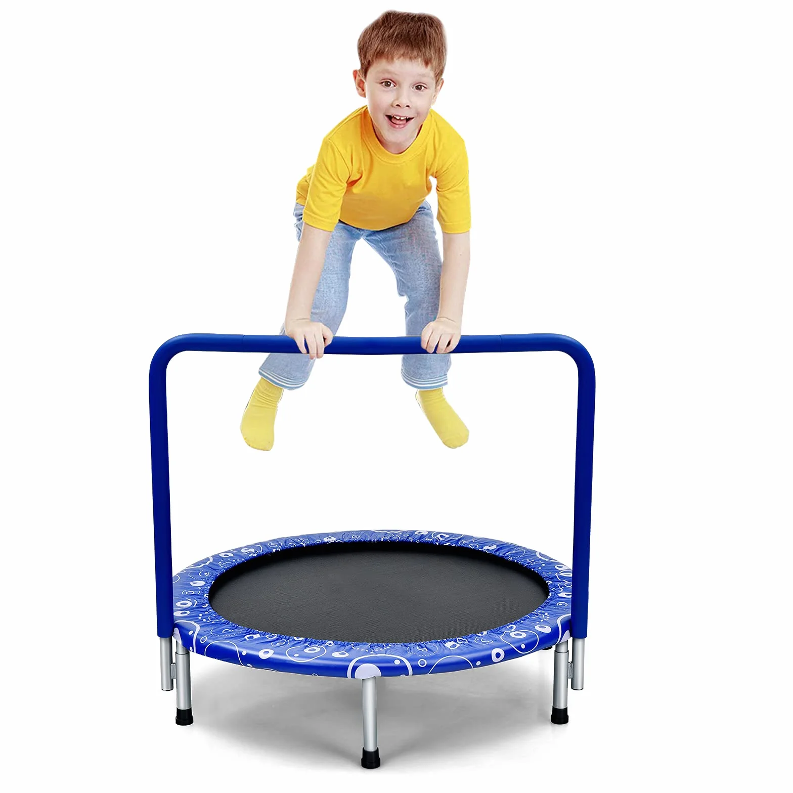 COSTWAY Trampoline de Fitnesse Enfants Pliable 92 cm, avec Housse de Sécurité Matelassée et Poignée Recouverte pour Intérieur Charge maximale 150 KG, Bleu
